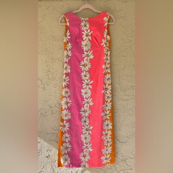Vintage Hawaiian Homemade Barkcloth Floral Pink Orange Maxi Sheath Column Dress - Picture 12 of 13